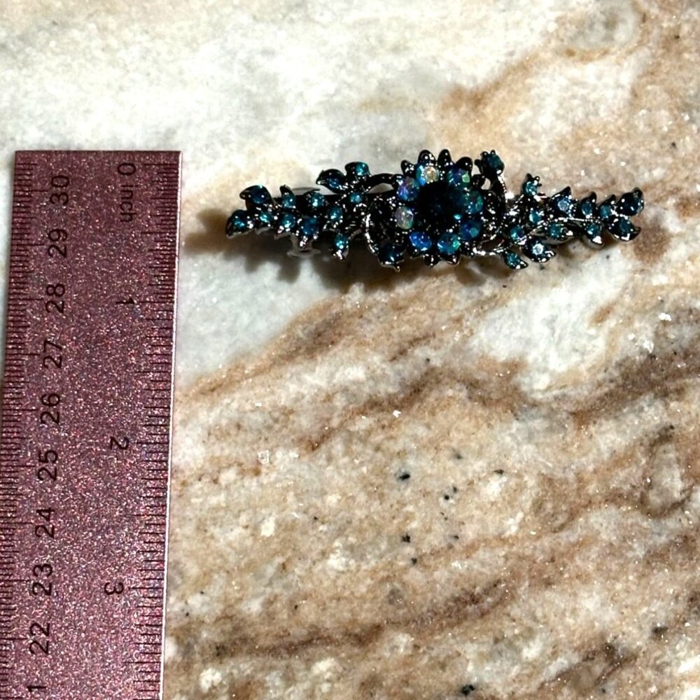 Turquoise Teal Aqua Blue Floral Crystal Rhinestone Medium Barrette/Hair Clip - Picture 4 of 5